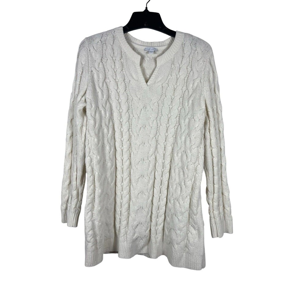 J. Jill Chenille Fisherman Cable Knit Tunic Sweater L Ivory Longline Pullover